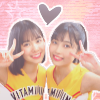 100x100 icon of yamazaki yuhane (left) and nishida shiori (right) from beyooooonds. they're wearing their outfits for "vitamin ME", and there's a small heart above their heads.