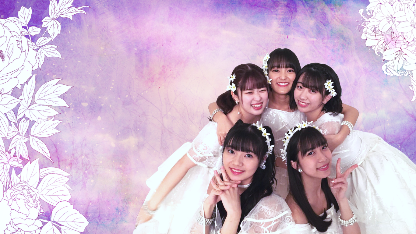 1366x768 wallpaper of kobushi factory in their white graduation outfits with hand-drawn (not by me) flowers around them